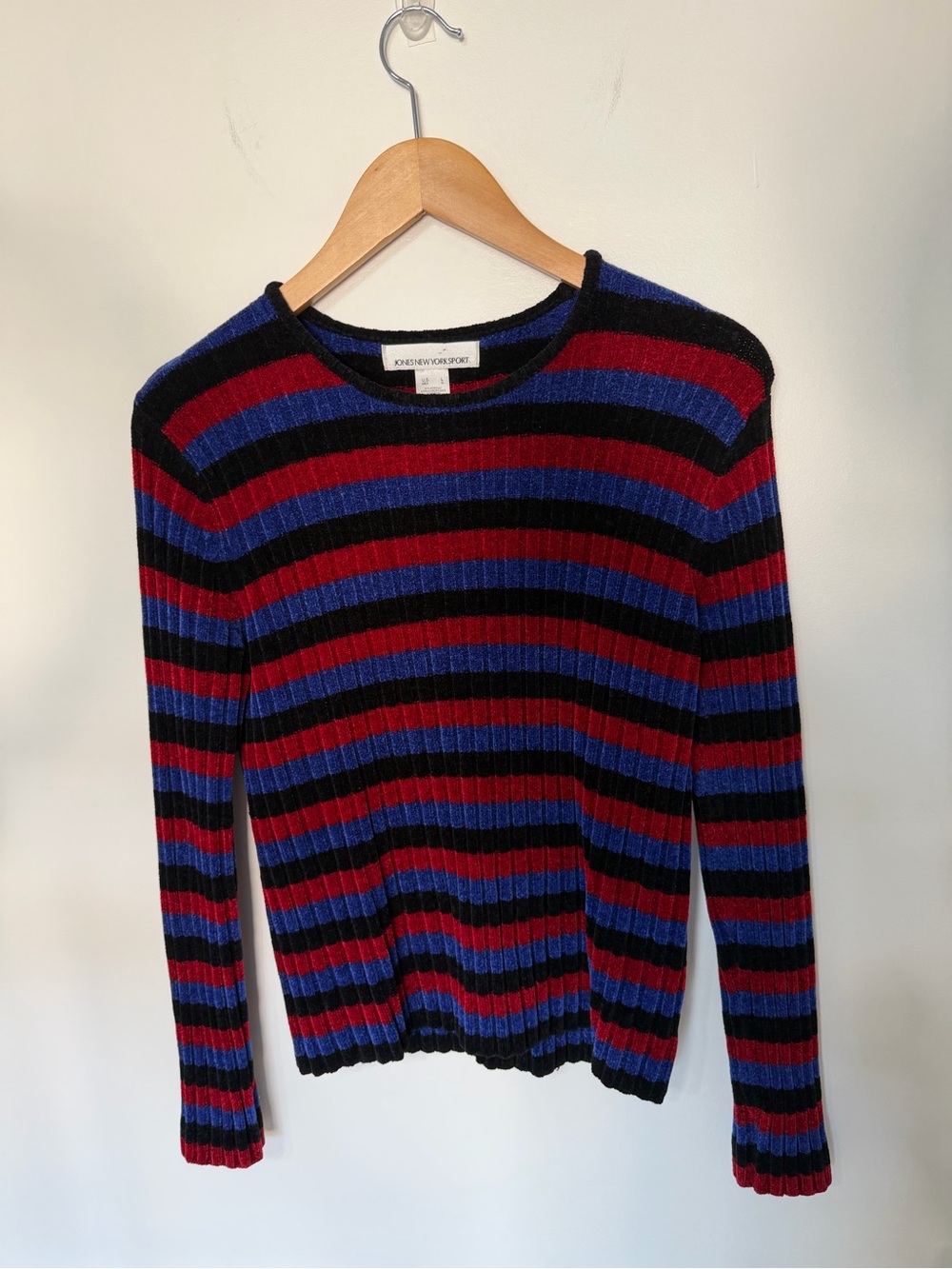 Jones New York Sport Vintage Chenille Ribbed Striped Sweater Red Blue Black L